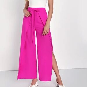 Lulus Bright and Breezy Magenta Tie-Front Culotte Side Slit Pants wide leg XS